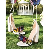 economico Semi-formale-sandali con tacco alto decorati con farfalle nere per donna – design con lacci e cinturini, dettagli colorati a farfalla, perfetti per feste, matrimoni e occasioni speciali