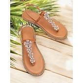 economico Infradito da Vacanza-sandali infradito da donna con fiori di strass color cuoio e bordi borchiati – eleganti sandali bassi per l&#039;estate, la spiaggia e le occasioni informali