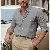 voordelige Straat-Voor heren Overhemd Katoenen linnen overhemd Zomer overhemd Overhemd met knopen Effen Casual Dagelijks Zwart Wit blauw Khaki Lange mouw Kraag Lente zomer Kleding Zak