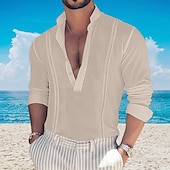 cheap Men&#039;s Popover Shirts-Men&#039;s Shirt Popover Shirt Summer Shirt Casual Shirt Beach Shirt Black White Pink Green khaki Long Sleeve Plain Band Collar Vacation Hawaiian Button-Down Clothing Apparel Fashion Casual Comfortable