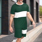 cheap Men&#039;s Printed Tees sets-Men&#039;s Horizontal Stripes 2pcs Tees sets Summer Tops Short Sleeve Short Pants Crew Neck Sport Casual Outdoor Vacation Sport 3D Print Summer Green