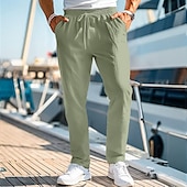 cheap Holiday-Men&#039;s Linen Pants Trousers Summer Pants Beach Pants Drawstring Elastic Waist Straight Leg Plain Comfort Breathable Casual Daily Holiday Fashion Classic Style Black White