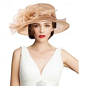 economico Cappelli per feste-cappello da chiesa da donna Kentucky Derby con tesa larga, cappello da sposa con fiori e foglie