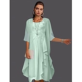 abordables Avec veste-Robe à deux pièces A-ligne pour la mère de la mariée à la plage invitée de mariage élégant col arrondi longueur genou chiffon dentelle sans manches vestes avec plis et appliqués 2025 taille