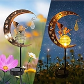 abordables Lumières de décoration du Ramadan-lampes solaires de jardin extérieur – soleil &amp;Lampes solaires à LED en forme de flamme de lune, lampes de pelouse de paysage en fer rétro pour la décoration des allées, des cours et des patios