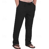 cheap Classic-Men&#039;s Linen Pants Trousers Summer Pants Beach Pants Pocket Drawstring Elastic Waist Plain Comfort Breathable Vacation Daily Holiday Hawaiian Boho ArmyGreen Black
