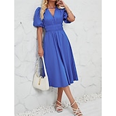 cheap Dresses-Retro Vintage 1950s Midi Dress Flare Dress Puff Sleeve Solid Color A-Line V Neck Women&#039;s Masquerade Wedding Vacation Tea Party Adults&#039; Dress