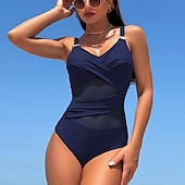 preiswerte Ein Stück &amp; Tankinis-Damen Badeanzug Bademode V-Ausschnitt Bademode Einfarbig Badeanzug Schwarz Marineblau Atmungsaktiv Schnelltrocknend Leichtgewichtig Ärmellos - Schwimmen Surfen Strand Sommer Frühling