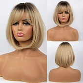 baratos Perucas Sintéticas sem Touca-peruca bob com franja perucas curtas bob para mulheres peruca loira curta com raízes escuras peruca sintética resistente ao calor aparência natural para uso diário festa e cosplay