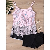 billiga Tankinis-Kvinnors tankini 2-delad baddräkt Boho shorts mage kontroll hög midja smal rygglös semester strandkläder paisley U-hals ärmlösa baddräkter