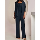 voordelige Broekpakken van mama-Jumpsuit  Pantalon 3-delige Moeder van de Bruid Formeel Bruids Gast Elegant Vintage Scoop Hals Enkel Lengte Chiffon Kant Mouwloos 3/4 Lengte Mouw met Applicaties vrije maat