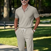 olcso Férfi Basic Tees szettek-Férfi Póló öltönyök Tracksuit Teniszing Zip Polo Rövid ujjú Negyed irányítószám Nyár Tömör szín Testedző Alkalmi 2 db Vakáció Hétköznapi viselet Sportruházat Fekete Fehér Medence Férfi felső póló