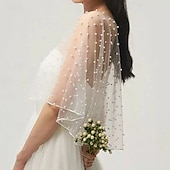 abordables Velos de Boda-Accesorios de boda, bolero, capa de novia, perlas, capa de boda, parte delantera corta, parte trasera larga, capa envolvente para mujer, chal de noche, blanco