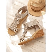 tanie Kobiety-damskie sandały na koturnie w stylu boho z kwiatowym wzorem – romantyczne letnie sandały gladiatorki z odkrytymi palcami i elastycznymi paskami na plażę i na co dzień