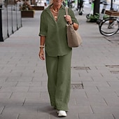 cheap Sets-Women&#039;s Fashion Streetwear Shirt Linen-Inspired Sets Two Piece Sets Linen Pants Pants Trousers Long Sleeve Shirt Collar Solid Color Daily Wear Date Army Green Dark Navy Khaki Spring Regular Fit