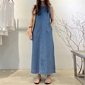 voordelige Denim jurken-Dames Lange jurk maxi-jurk Denim jurk Casual jurk Zomerjurk Modieus Buiten Feestdagen Afspraakje Normale pasvorm Effen Mouwloos Strakke ronde hals Zwart blauw Donkerblauw Zomer Lente