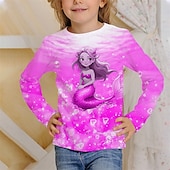 billiga Flickans 3D-tecknad film-Flickor 3D Grafisk Sjöjungfru T-shirt Långärmad Vår Höst Mode Grundläggande Barn 4-12 år Rund hals Utomhus Ledigt Dagligen Normal