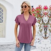 billige Plain t-skjorte-Dame Boho T-skjorte عادي Bohem søt stil Stilfull Kortermet Sommerfuglermer V-hals Vanlige topper Daglig Ut på byen Helg Drapering Svart Hvit Rosa Blå Fuksia Sommer