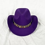 preiswerte Partykappen-Metallgürtel Western Cowboyhut Herren Herren Damen Jazz Cowboyhut mit Leder breiter Krempe Glockenhut Kirche Sombrero Cowgirl