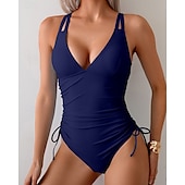 abordables One Pieces &amp; Tankinis-Mujer Traje de baño Escote en V Profunda Espalda Abierta Bañadores Color sólido Bañadores Negro Azul Marino Transpirable Secado rápido Ligero Sin Mangas - Natación Surf Playa Verano Primavera