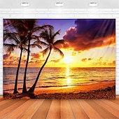 cheap Ocean Beach Tapestry-Landscape Sunset Beach Hanging Tapestry Wall Art Large Tapestry Mural Decor Photograph Backdrop Blanket Curtain Home Bedroom Living Room Decoration Palm Tree