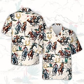 baratos Camisa Vintage-Derby de Kentucky Homens Cowboy Corrida de cavalo Camisa Social Camisa cubana Manga Curta Vintage retrô Férias Feriado Festival Verão Primavera Camisa com gola de acampamento Impressão 3D Camisetas