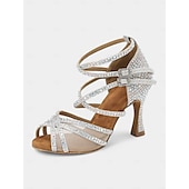 cheap Latin Shoes-Red Rhinestone-Studded Latin Dance Sandals with Buckle Detail – Perfect for Social Dance, Competitions, and Performances