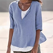 abordables Camisas-Mujer Camisa Camisa de lino Camisas de algodón y lino Plano Diario Elegante Básico Manga 3/4 Escote en Pico Tops regulares Trabajo Diario Festivos Negro Blanco Azul Piscina Primavera Otoño