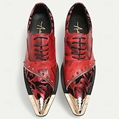 baratos Sapatos Sociais Elementares-Sapatos de Vestir em Couro Vermelho Premium Masculinos com Estampa Artística e Detalhe Studded com Ponta Dourada–Calçados Formais Estilosos para Ocasiões Especiais