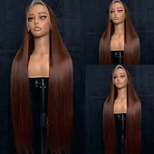 economico Parrucche lace front capelli veri-Cappelli veri Chiusura 5x5 13x4 Pizzo Frontale Parrucca Parte libera Brasiliano Liscio Marrone Parrucca 130% 150% Densità dei capelli 100% Vergine Senza colla Pre-a pizzico Per Da donna Lungo