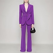economico Tailleur pantalone della mamma-Completo madre della sposa a due pezzi elegante minimalista colletto camicia lunghezza al pavimento in tessuto elasticizzato manica lunga con volant colore solido 2025