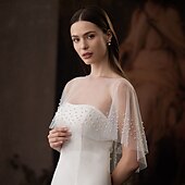 billige Brudesjaler-Brudeomslag Elegant Violer &amp; Tyndere Kortermet Tyll Bryllup Wrap Med Imiterte Perler Til Bryllup Vår &amp; Vinter