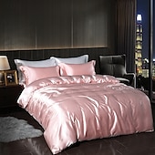 cheap Duvet Cover Sets-4 Pieces Satin Silk Bedding Set with Fitted Sheets Duvet Cover Sets Summer Solid Color Comforters Covers with 2 Pillowcases