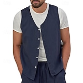 זול ג&#039;ילטים-בגדי ריקוד גברים וסט Gilet אפוד פשתן חופשה יומי פגישה (דייט) אופנתי יום יומי קיץ אביב כפתורים כיס פשתן נוח אחיד חזה יחיד כפתור יחיד צווארון V רגיל שחור צהוב ירוק בהיר כחול נייבי אֵפוֹד
