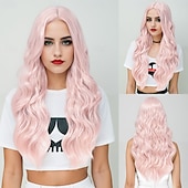 baratos Perucas Sintéticas sem Touca-Perucas sintéticas Ondulado Trama Curly Corte em Camadas Com Franjas Fabrico à Máquina Peruca Rosa 28 polegadas A1 Cabelo Sintético Mulheres Clássico Confortável Cores Gradiente Rosa