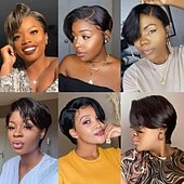 abordables Pelucas delanteras del cordón de cabello natural-Pelucas de cabello humano con corte pixie bob corto de 13x4x1 con encaje frontal, transparente, liso, para mujeres negras, peluca para usar y llevar