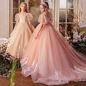 billige Blomsterkjoler-Blomsterpikekjole Jente Aftenkjole Prinsesse kjole Festkjole Bryllup Fest Prinsesse Søt Jul Karneval Rynket Helfarge Stroppeløs Knaphul Lysegul Rosa 4 år +