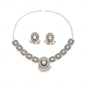 abordables Conjuntos de joyas-Conjuntos de joyas para novias, 1 juego de pendientes de aleación de diamantes de imitación, collar, conjunto de joyas artísticas de moda elegante para mujer para bodas, invitados a la boda, fiesta,