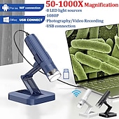 abordables Microscopios y endoscopios-Cámara microscópica digital 1000x 2 en 1, microscopio electrónico portátil con wifi y USB, lupa de 8 led para pruebas de piel y reparación de teléfonos celulares