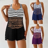 billiga One Pieces &amp; Tankinis-Dam Tankini Tvådelad baddräkt Spets Badkläder Rand Badkläder Svart Purpur Andningsfunktion Snabb tork Lättvikt Ärmlös - Simmning Surfing Strand Sommar Vår Plusstorlekar
