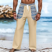 baratos Feriado-Homens Calças de linho Calças Calça verão Cintura elástica Com Cordão Perna reta Geométrica Conforto Respirável Comprimento total Casual Diário Feriado Férias Vintage Preto Branco