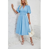 cheap Dresses-Retro Vintage 1950s Midi Dress Flare Dress Puff Sleeve Solid Color A-Line V Neck Women&#039;s Masquerade Wedding Vacation Tea Party Adults&#039; Dress