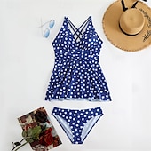 billiga One Pieces &amp; Tankinis-Dam Tankini Tvådelad baddräkt Korsvis Badkläder Fläck Badkläder Svart Blå Andningsfunktion Snabb tork Lättvikt Ärmlös - Simmning Surfing Strand Sommar Vår Plusstorlekar