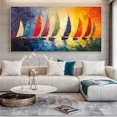 preiswerte Landschaftsgemälde-hellblaues Meereslandschafts-Segelboot-Ölgemälde, handgemalte Wandkunst, abstraktes Strand-Meereslandschaftsgemälde auf Leinwand, Wohnzimmer-Wandgemälde, riesiges extragroßes Wandkunstgemälde-Dekor