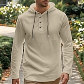 preiswerte Straße-Herren Hemd Strandbekleidung Kapuzenshirt Solide / einfarbig Strasse Ausgehen Schwarz Weiß Khaki Grau Langarm Mit Kapuze Sommer Bekleidung Verstellbare Kordelzughaube