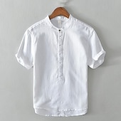 economico Casual da lavoro-Per uomo Camicia Camicia di lino Camicia popover Camicia casual Camicia di cotone Semplice Vacanza Streetwear Bianco Blu reale Azzurro cielo Grigio chiaro Manica Corta Colletto alla coreana Estate