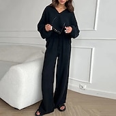 cheap Sets-Women&#039;s Fashion Streetwear Shirt Two Piece Sets Linen Pants Pants Trousers Long Sleeve Shirt Collar Solid Color Drawstring Daily Wear Date Black White Orange Summer Regular Fit