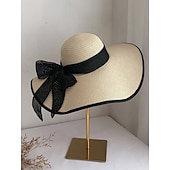 economico Accessori-cappello di paglia a tesa larga per donna, protezione solare estiva, cappello a tesa larga, cappello da spiaggia con fiocco da mare, cappello da sole
