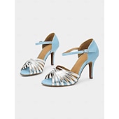 abordables Chaussures de danses latines-chaussures de danse à lanières bleu clair et argent pour femmes - sandales latines à talons hauts avec fermeture à boucle pour la pratique et les spectacles de danse