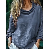 levne Boho topy-Dámské Košile Halenka Bavlněné lněné košile Pevná barva Základní Na běžné nošení Dlouhý rukáv Tričkový Nabíraný krk Běžné topy Denní Černá Světlá růžová Vodní modrá Světle šedá Růžová Léto